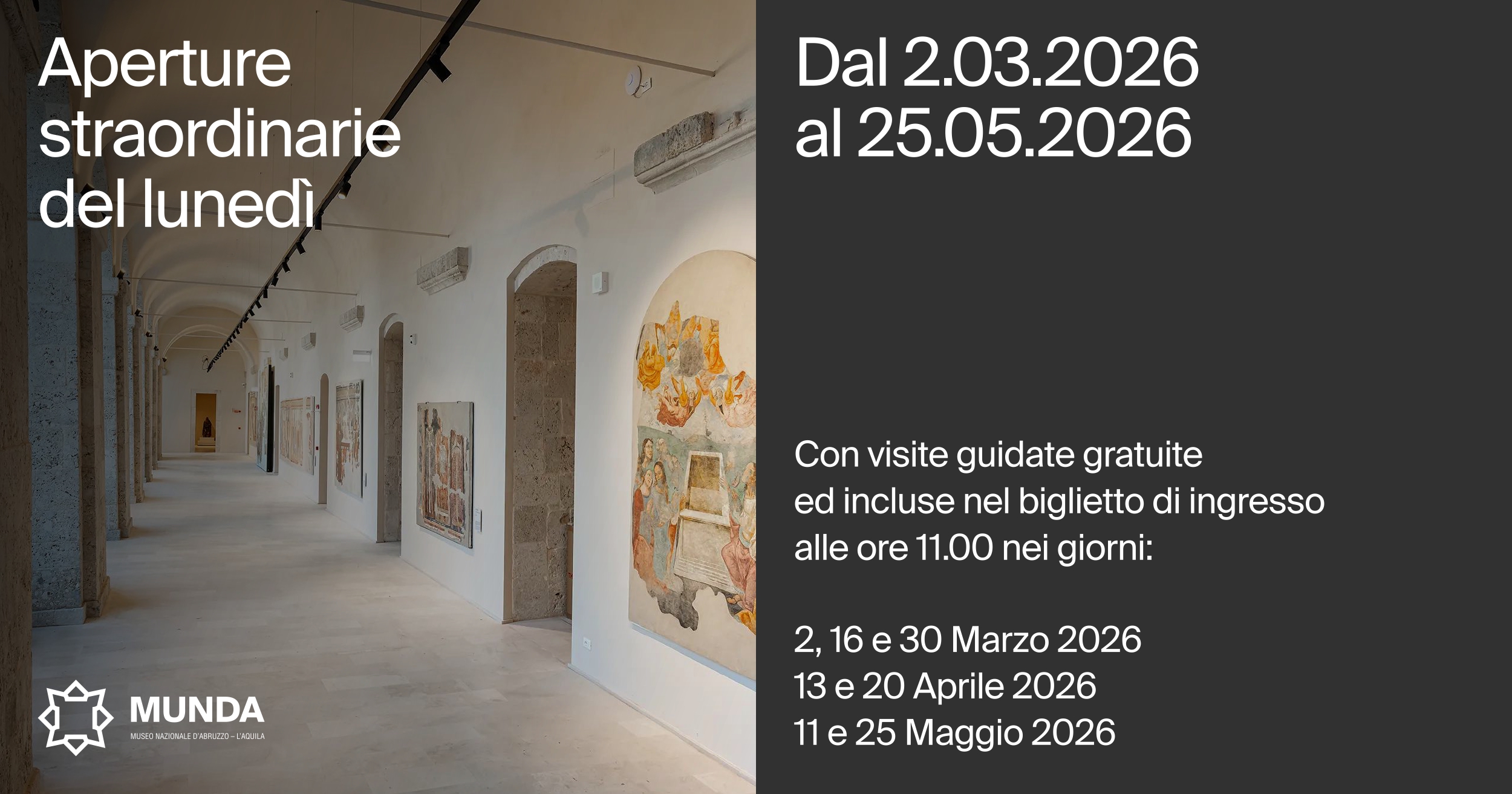 Aperture straordinarie al Museo Nazionale d'Abruzzo con visite guidate. Ogni lunedì dal 2 marzo al 25 maggio 2026
